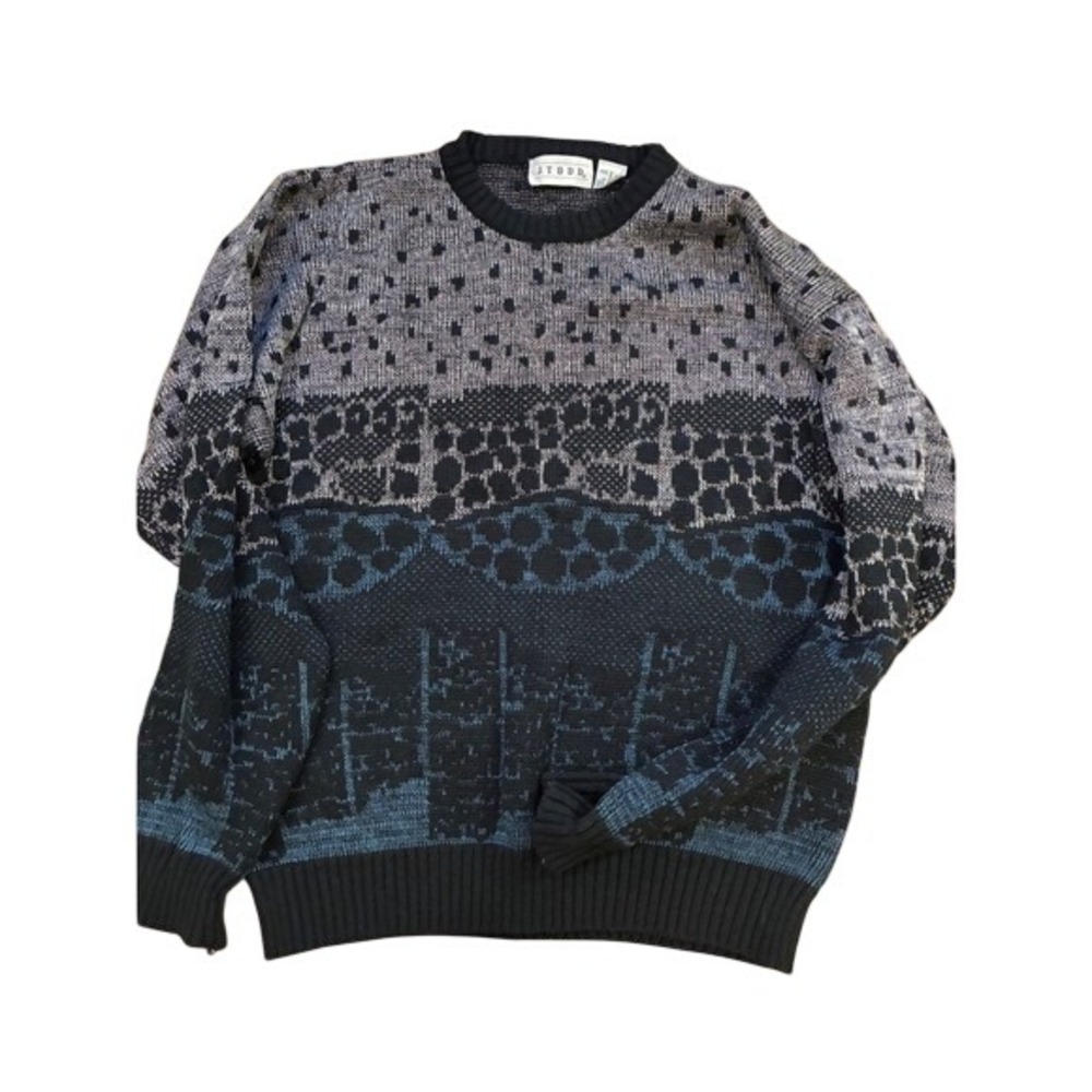 Vintage J Todd Abstract Geometric Knit Sweater Mens Large Black Grey Teal Large